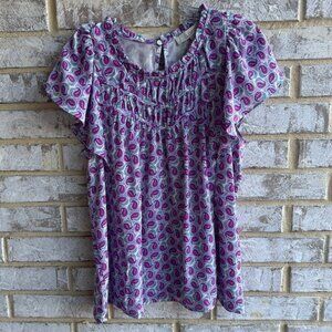 Loft Short Flutter Sleeve Ruffled Neck Paisley Blouse Women's Size M